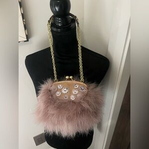 RARE Coach- Pink Poppy Feathered & Jeweled Frame Clutch Bag